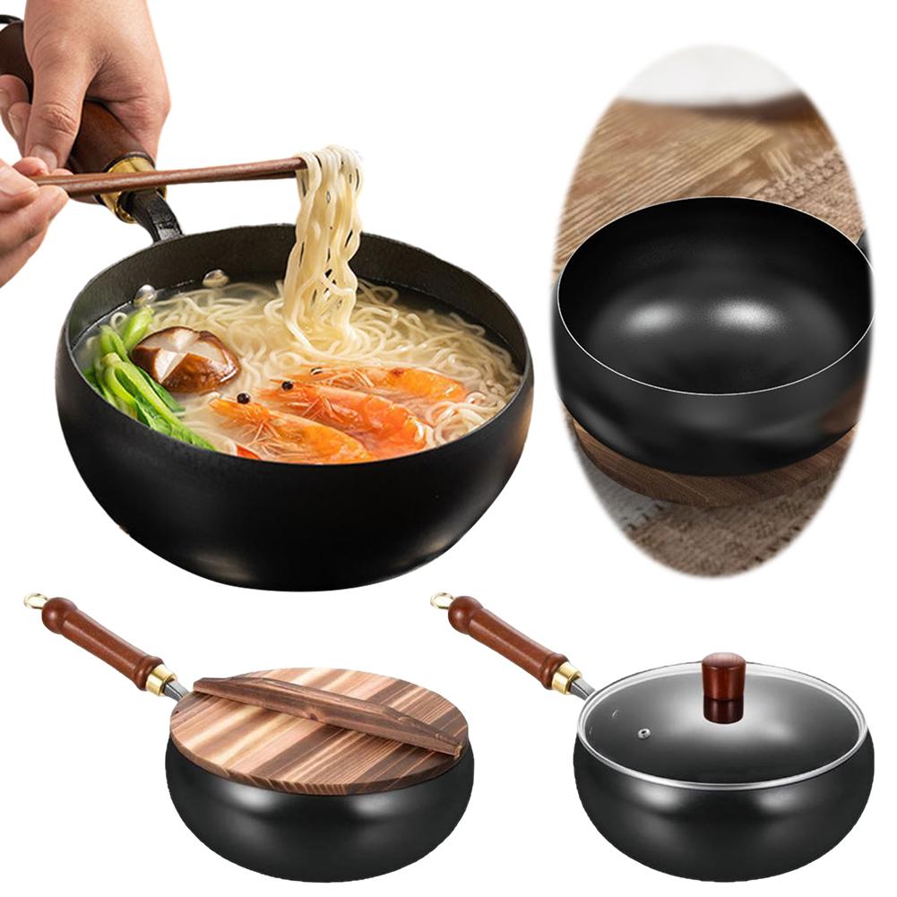 24CM Chinese Wok Wooden Handle Non-Stick Pan with Lid Iron Wok for Home Camping Restaurant Hotel Kitchen