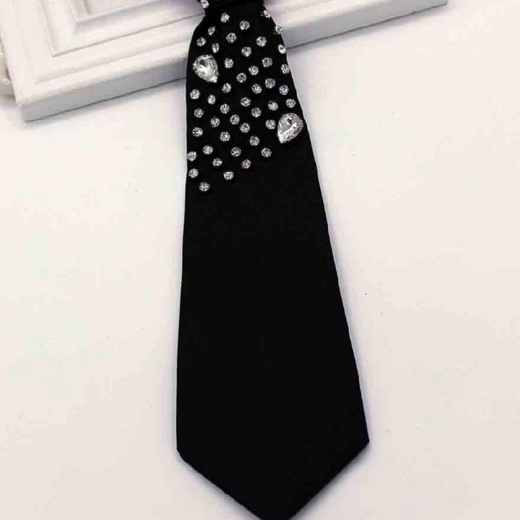 Rhinestones Embellished Necktie for Women Men Student Elegant Pre Tied Adjustable Black Ties for Uniform School Shirt