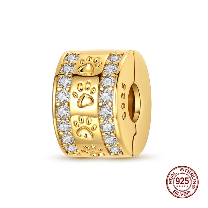 Original Charms Copper Paw Print Pave Fixing Clip Charms Beads Fit 3Mm Original Bracelet Women Diy Jewelry Gifts