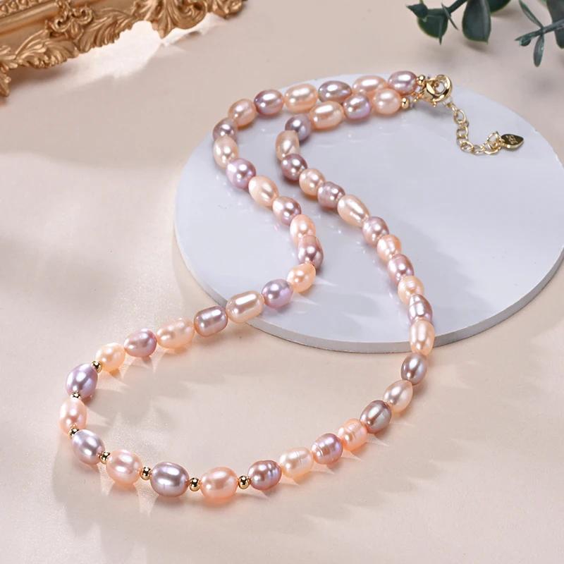 HENGSHENG 6-7mm Rice Shape Freshwater White Pink Purple Mixed Color Pearl Necklace 925 Silver Jewelry for Women Girls