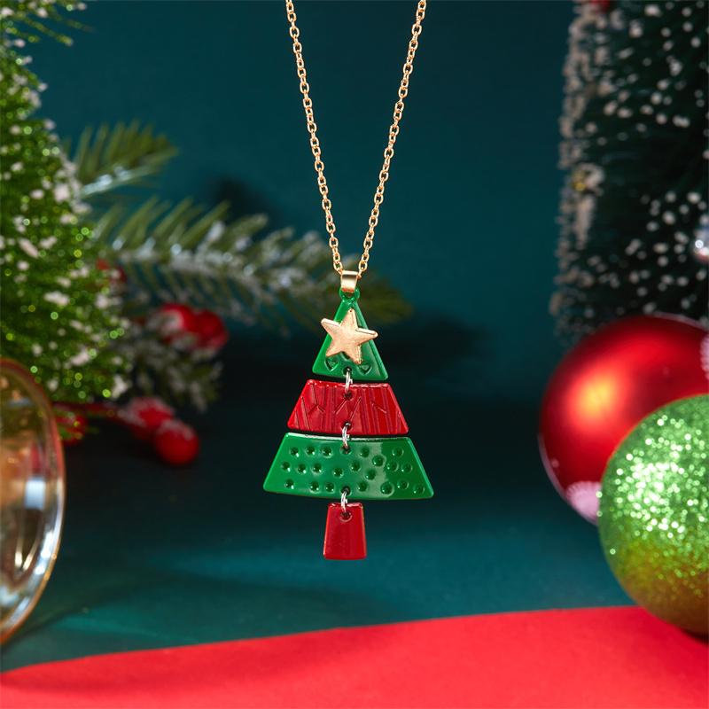 Colorful Christmas Tree Star Earrings Ear Hook Necklace Set Holiday Gift for Women Girls Best Friends Party Festivel Jewelry