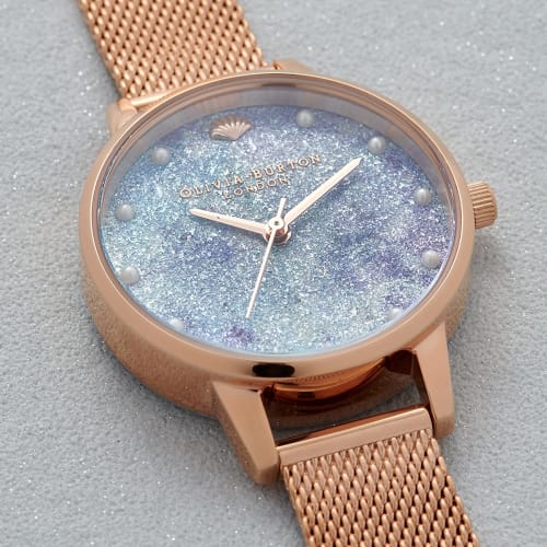 Authorized Retailer: OLIVIA BURTON Women's Under the Sea Watch OB16US44, Deep Sea Dial with Pearl Markers and Rose Gold Mesh.