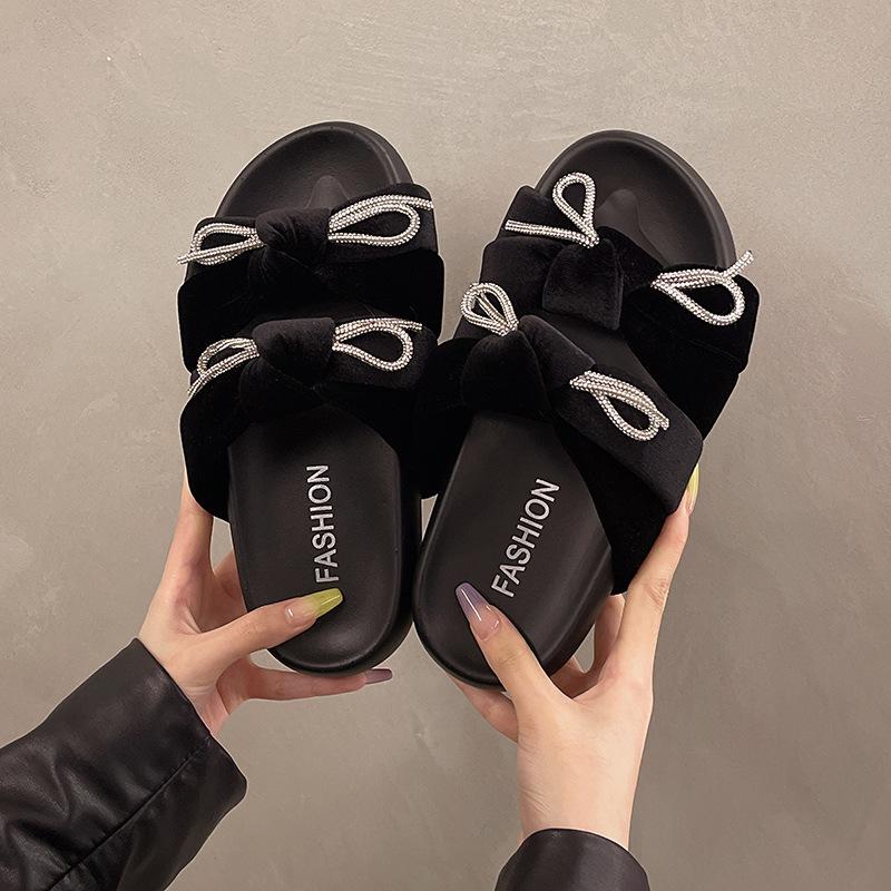 

Rhinestone bow flat bottom one-word shoes women s summer new high-end design outer wear open-toed sandals 40