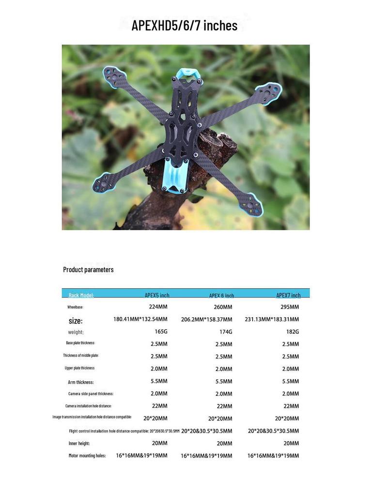 APEX Carbon Fiber Frame for VISTA FPV Drone - 5"/6"/7" HD Version