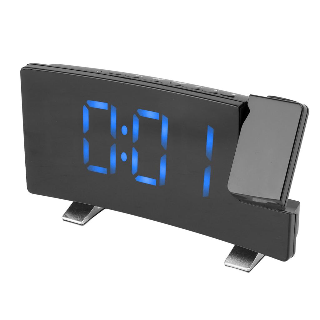 Radio Projection Alarm Clock LED Display Electronic Clock Curved Screen Digital Alarm Clock Black Body Blue Letters