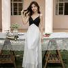 Sanya Seaside Deep V White Splicing Holiday Beach Skirt Backless Slim Sling Suspender Dress Women's Summer Long