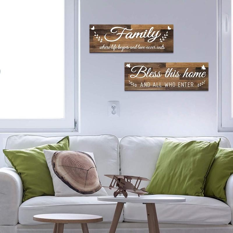 2pcs Wooden Signs Bless This Home Family Farmhouse Wall Art Decor For Bedroom Living Room Office