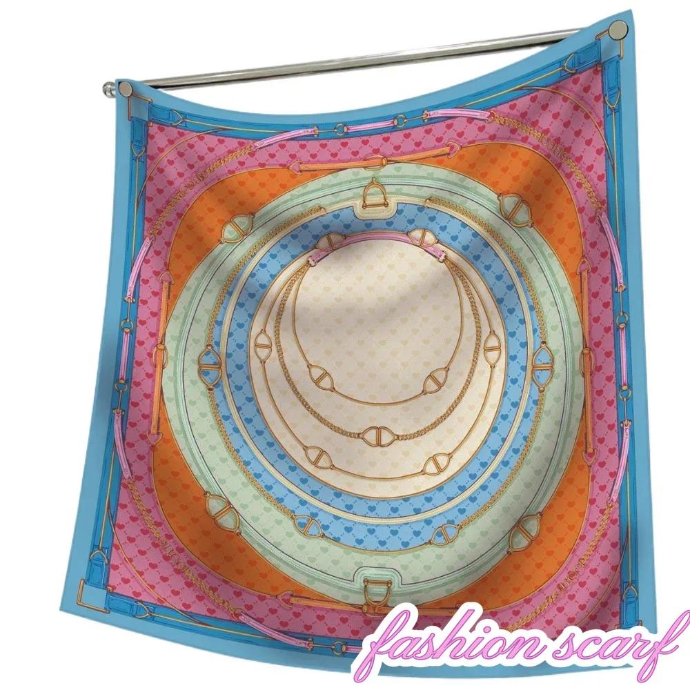90Cm French Love Circle Belt Chain High Quality Twill Silk Shawl Sunscreen Large Square Scarf Decorative Scarf