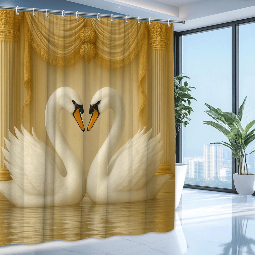 Love Swan Couple Shower Curtain Golden Palace Background Romantic Heart Shape Decor Waterproof Free Hooks Included Non-Toxic