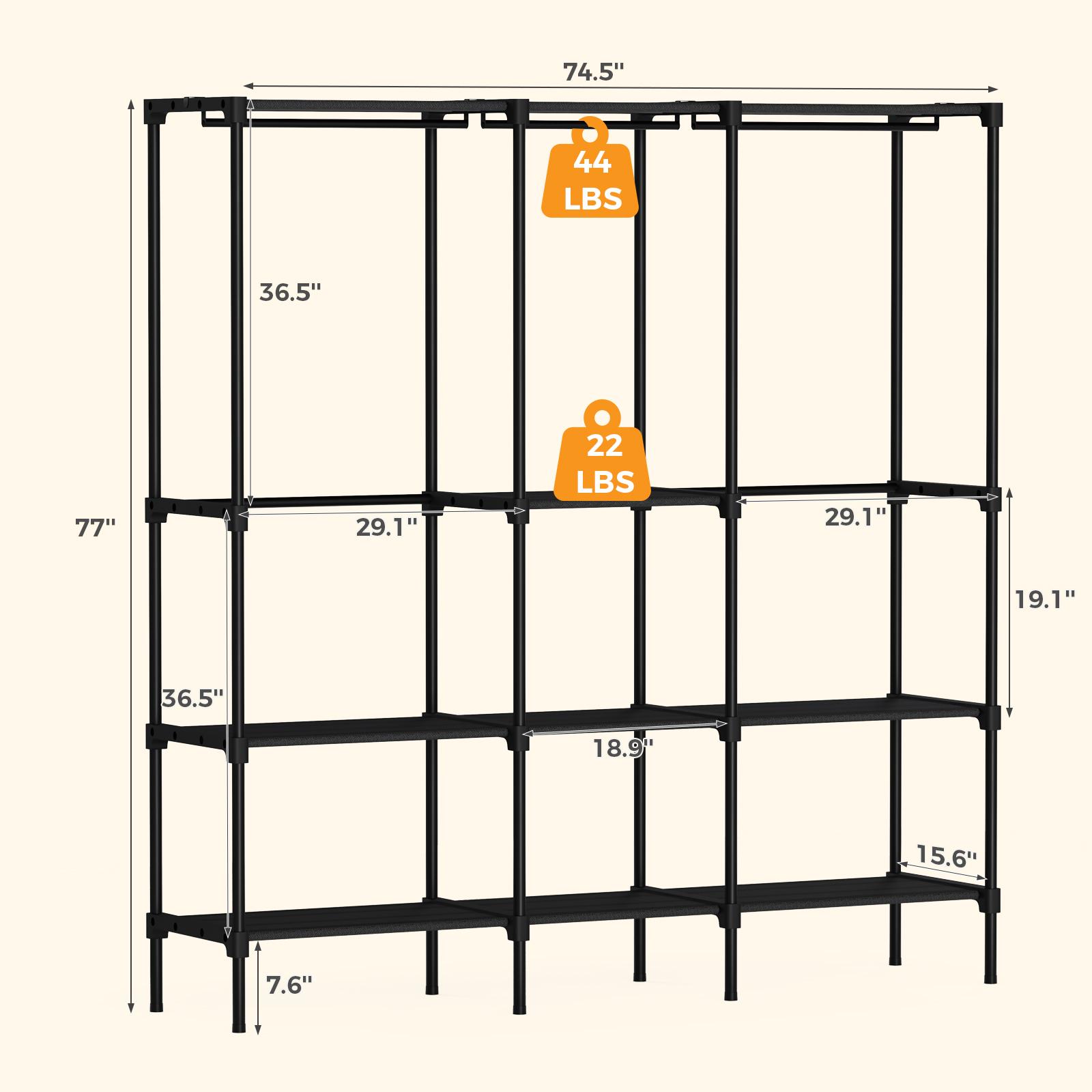 

JHK 72IN to 81IN Portable Three Rows Wardrobe Closet with Hanging Rods Clothing Rack with Shelves Mudroom Storage Organizer