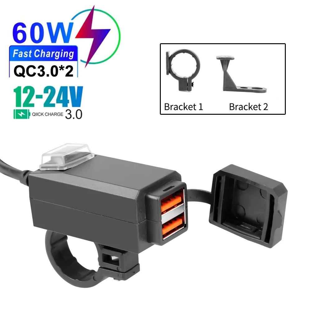 

12 В-24 В USB-зарядное устройство для мотоцикла QC3.0/3.1A, двойной USB-порт, водонепроницаемый адаптер для зарядного устройства на руль мотоцикла с переключателем, аксессуары для мотоциклов