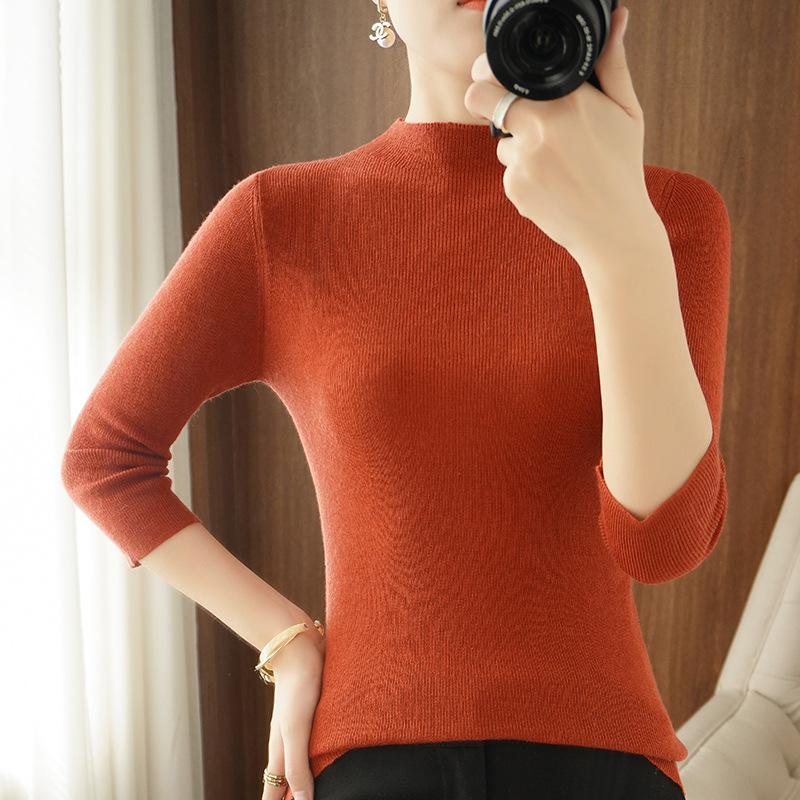 New Spring and Autumn Thin Knitted Sweater Female Slim Solid Color 7-point Sleeve Sweater Temperament Thin Solid Color Pullover Half Turtleneck