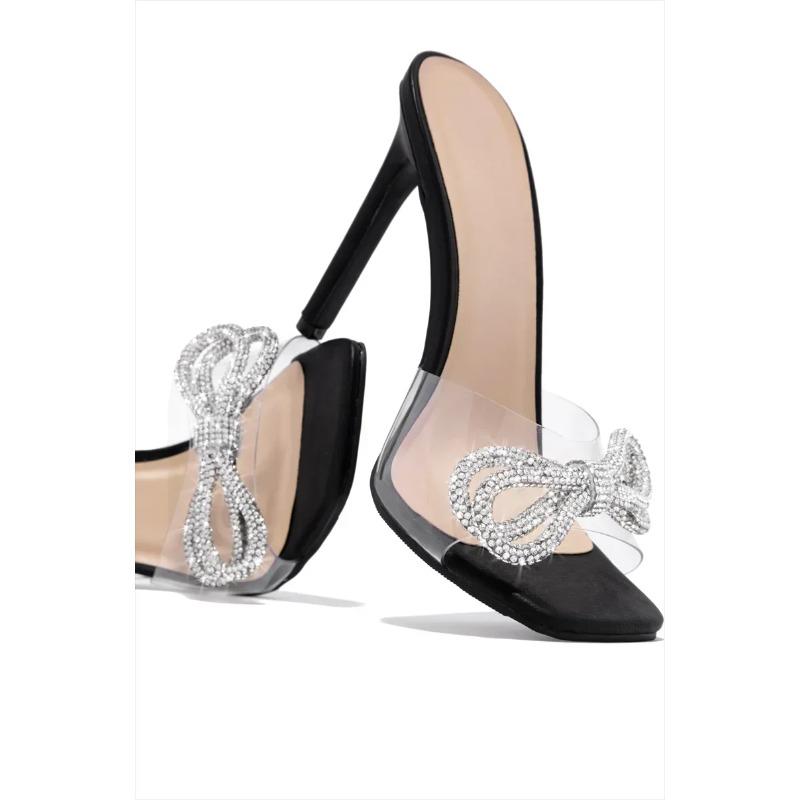 Summer New Fashion Sexy Comfortable Banquet Casual Rhinestone PVC Elegant High Heels Bow Women's Slippers