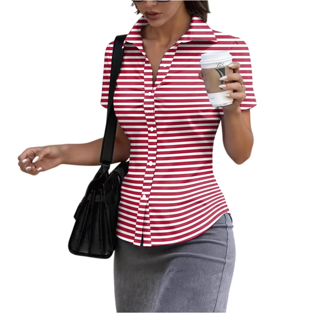 Women Short Sleeve Collared Shirt Slim Fit Button Down Casual Office Workwear Blouse Stretch Fabric Summer Top
