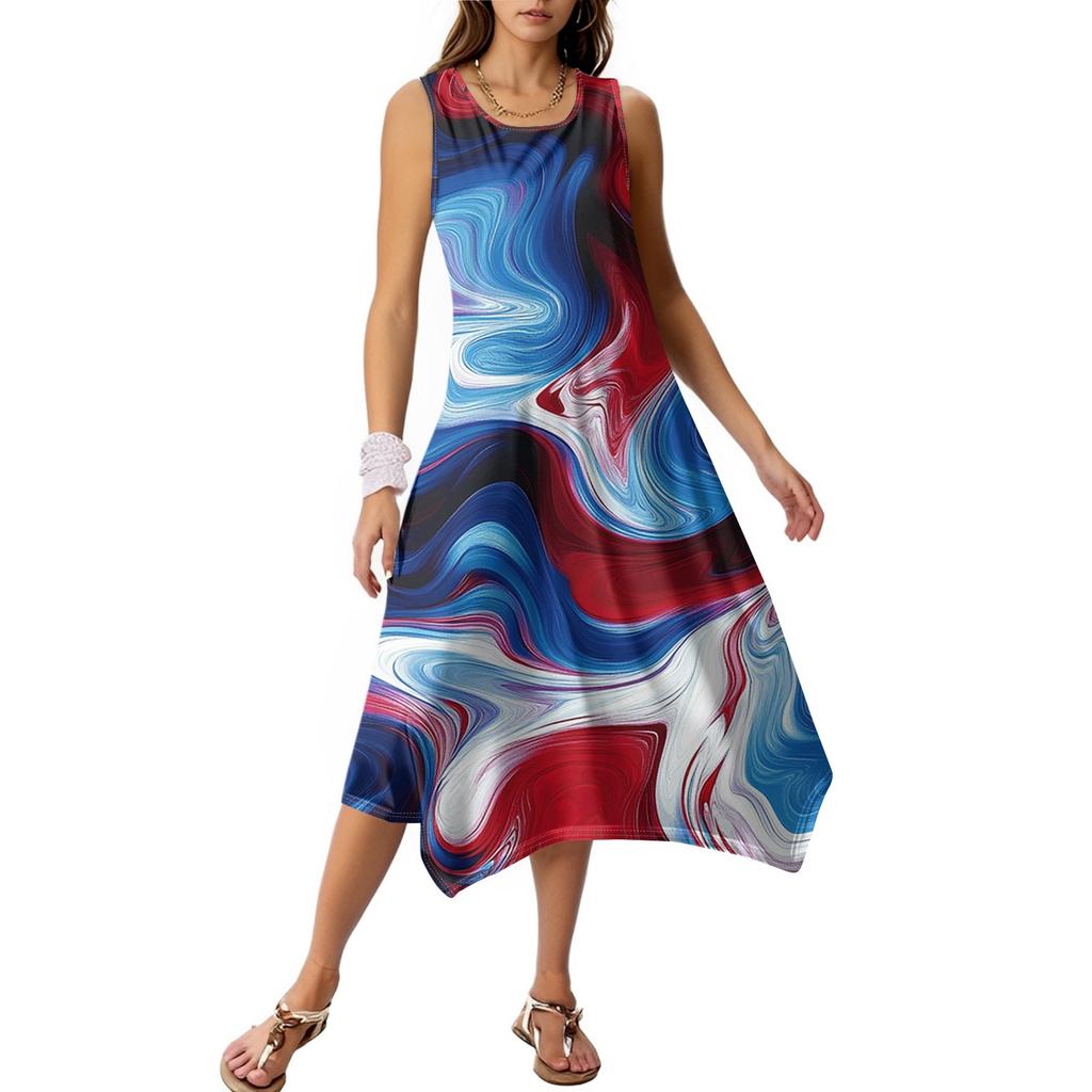 Damen Freizeitkleid für den Sommer, Tankkleid, lockeres Strandkleid mit Taschen, ausgestelltes Midi-Sommerkleid