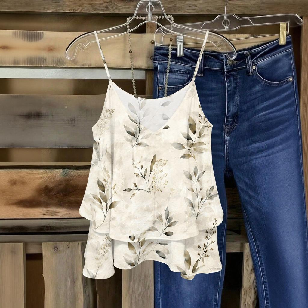Women Strapless Floral Print Sleeveless Double Layer Camisole Top Lightweight Summer Casual Tank Blouse