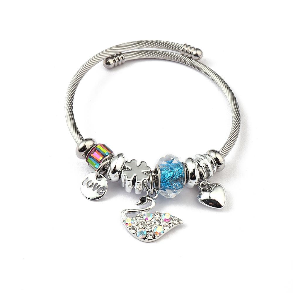 Simple Fashion Stainless Steel Bracelet With Crystal Bead Pendant Unisex Jewelry