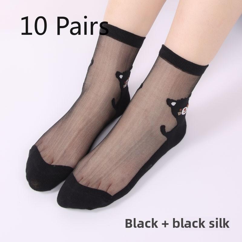 10 Pairs Summer Glass Socks Cute Cartoon Cat Jacquard Socks Summer Transparent Breathable Stockings