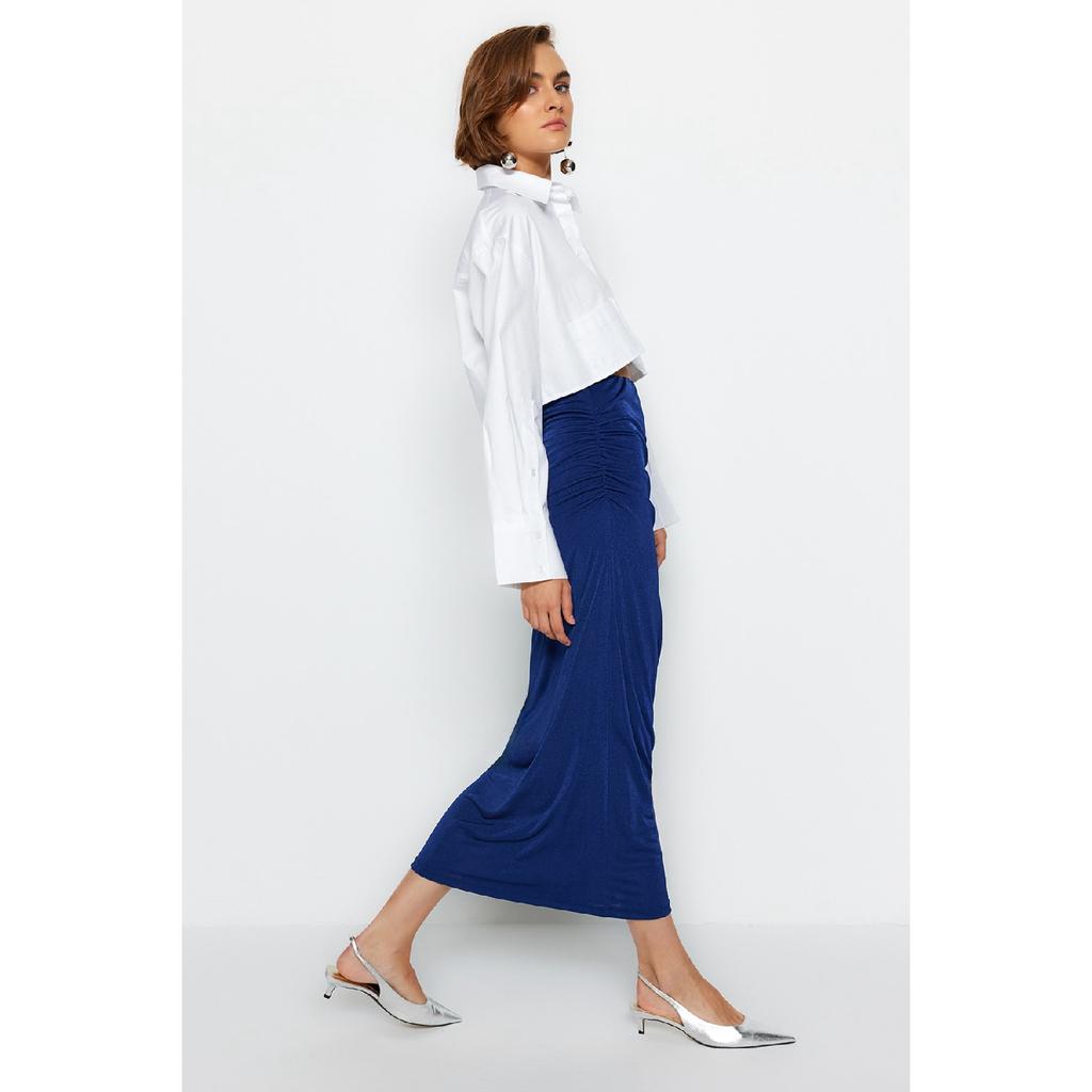Navy Blue Premium Shiny Surface And Soft Textured Draped Maxi Knitted Skirt Twoaw24et00090