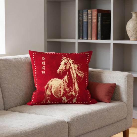 Povlak na polštář Čínský nový rok Rok koně Červený povlak na ozdobný polštář Čínský zvěrokruh Kůň Dekorativní povlak na polštář na pohovku postel kancelář auto