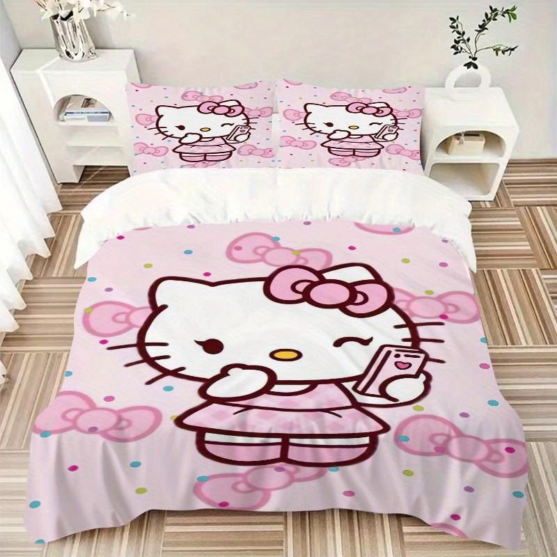 3pcs Sweet Hello Kitty Printed Bedding Set, Soft and Comfortable Quilt Cover for Bedroom, Guest Room (1 Duvet Cover + 2 Pillowcases, Pillow