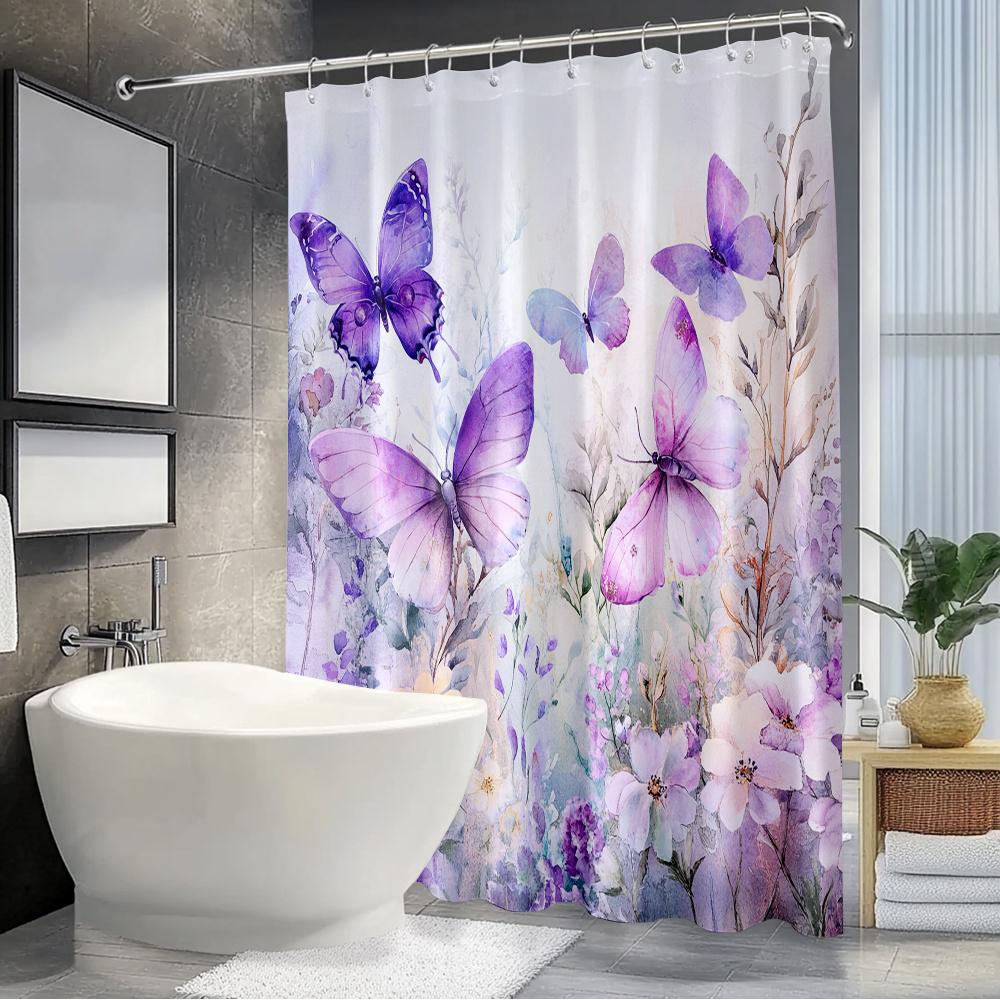 Watercolor Butterfly Shower Curtain - Waterproof And Anti Mold, Purple Flower Design, Elegant And Romantic Bathroom Decoration