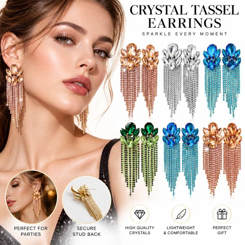 Oval Stone Rhinestone Tassel Earrings Exaggerated Chain Earrings Ear Accessory  Dressy Outfits