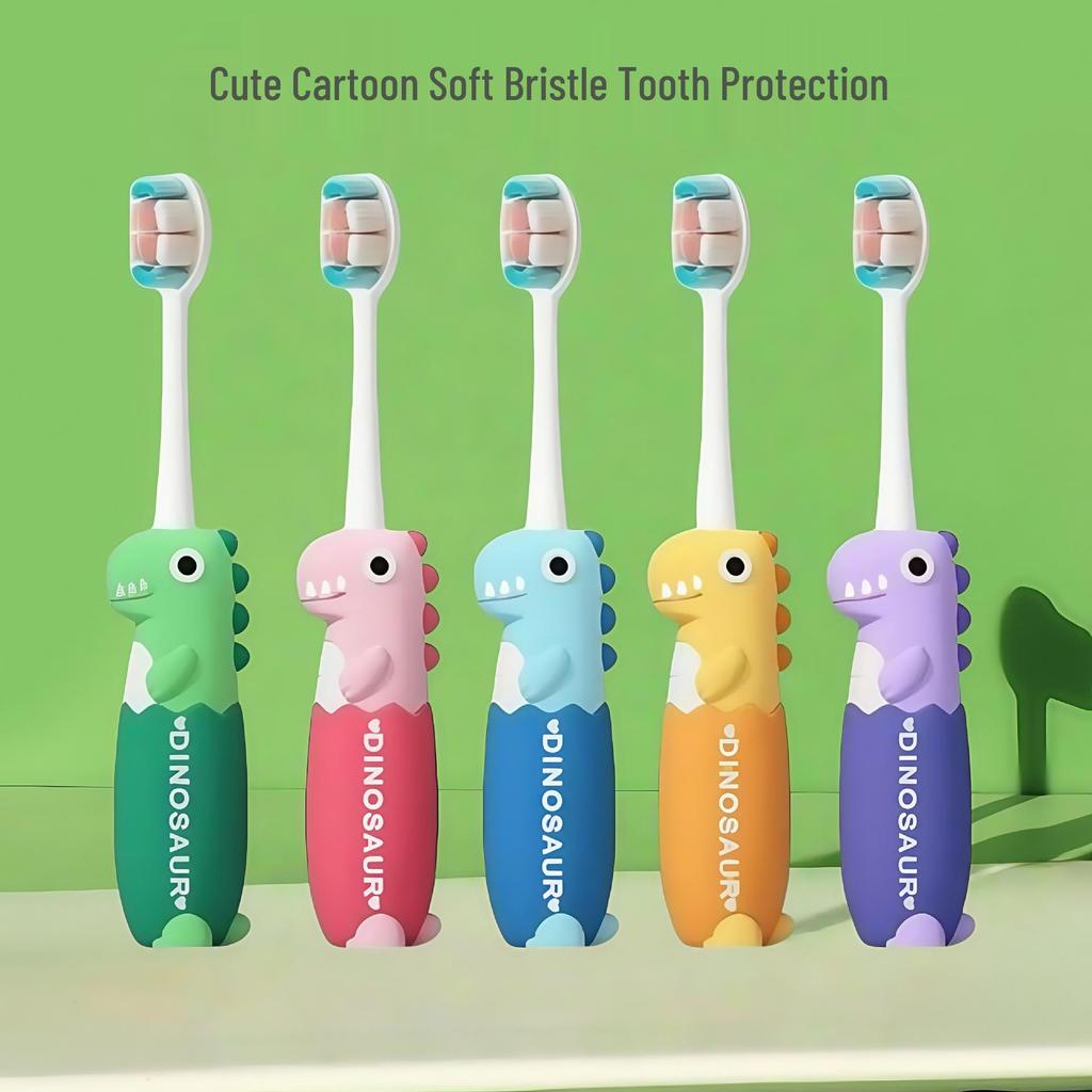 Children's Cartoon Dinosaur Toothbrush, Ages 3-12, with Cute Non-slip Handle & Soft Bristles for Gentle Oral Care