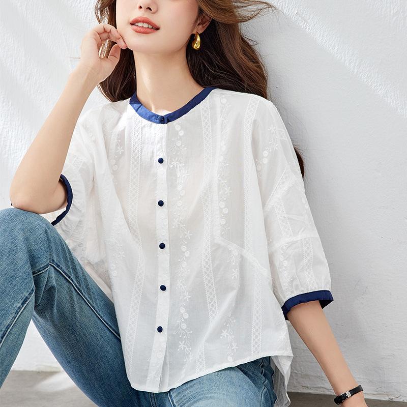 New Summer Style for Women Korean Style Loose and Fashionable Sweet Five-point Sleeve Embroidered Shirt Versatile Casual Top Cotton Shirt