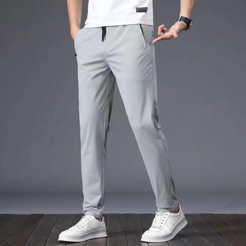 Men's Summer Ice Silk Embroidered Casual Sports Pants - Loose Fit, Trendy, All-Match, Straight, Large Size