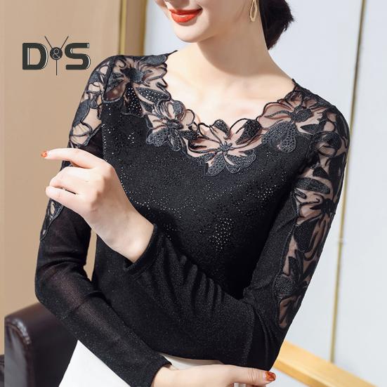 Dameoverdeler Rundhals Langermet Mesh Blonder Broderi Pullover Topper Ensfarget Slim Fit Bluse Daglig slitasje