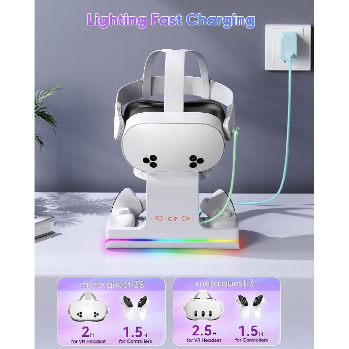 Charging Dock for Meta Quest 3 & Quest 3S, Fast Charging Station for Oculus Quest 3S/Quest 3 Accessories with RGB Light, Stand for VR Heatset with 2