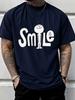 Unisexs Navy Crew Neck Tee Smile Word With Stick Figure Unisex Letter Print Loose Summer Street Casual Daily Basic Short Sleeve Top