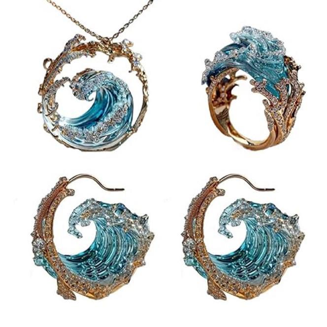 Sky Blue Sea Wave Jewelry Set: Resin Necklace, Earrings & Ring