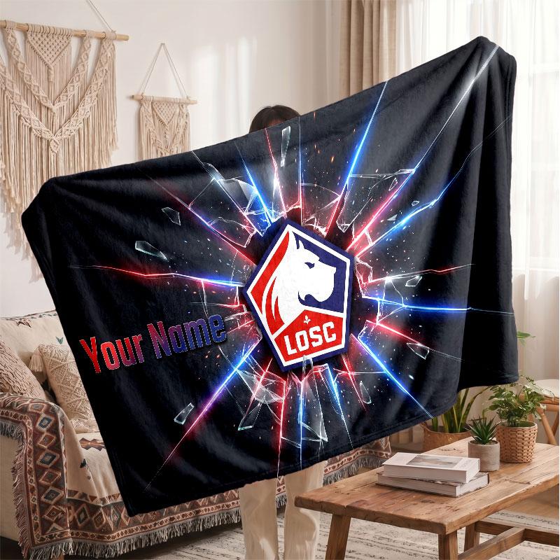LOSC Lille FC Personalized Fleece Blanket With Football Logo, Custom Name Text Soft Warm Home Throw Blanket