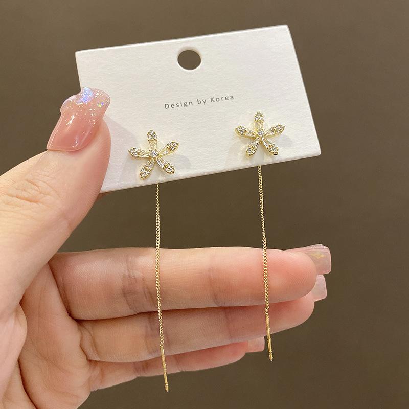 S925 Silver Needle Micro-inlaid Zircon Flower Ear Line Exquisite Light High Quality Drop Earring Star Jewelry Gifts