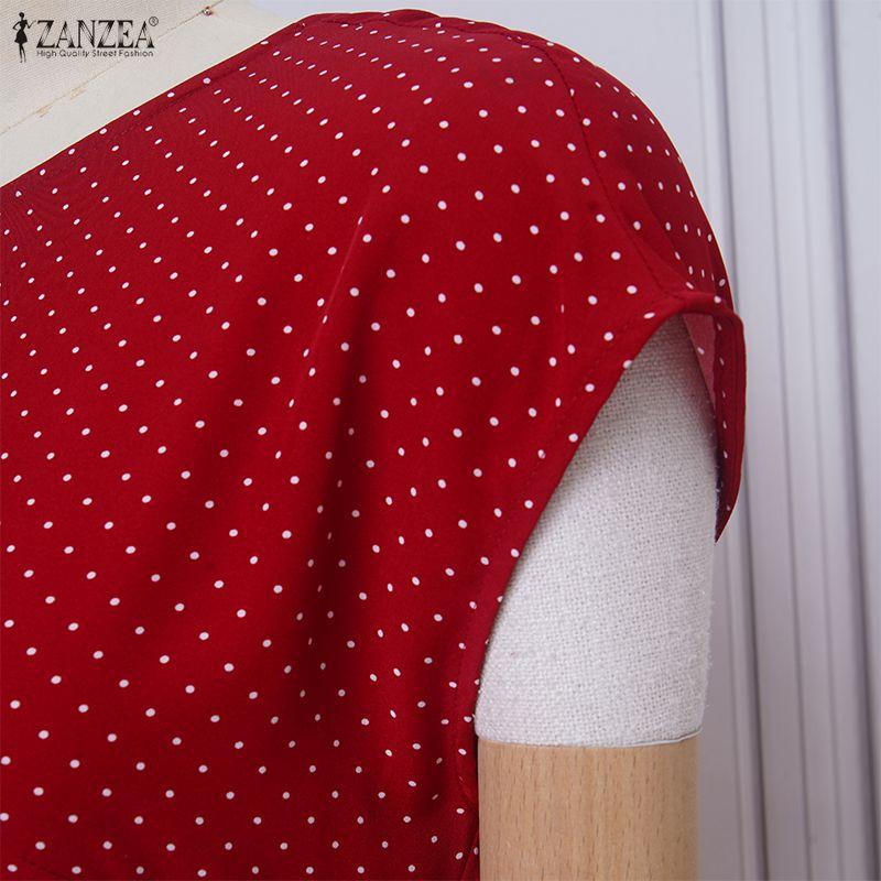 ZANZEA Women Casual Round Neck Short Sleeve Polka Dot Print Sheath Dress