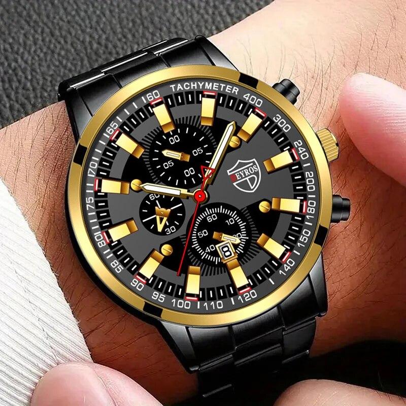 Luxury Men's Casual Fashion Business Gold Needle Digital Steel Band Quartz Watch Calendar Designed For Successful Men Classic