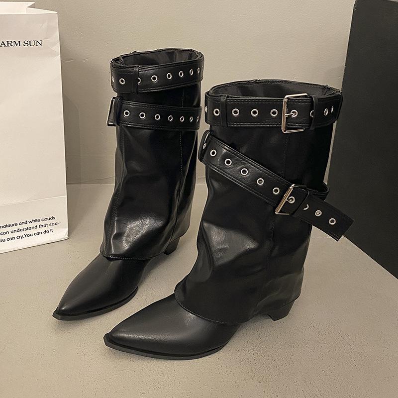 British style pointed head thick high-heeled short boots women's new spring skirt height-increasing and thin trouser boots women's