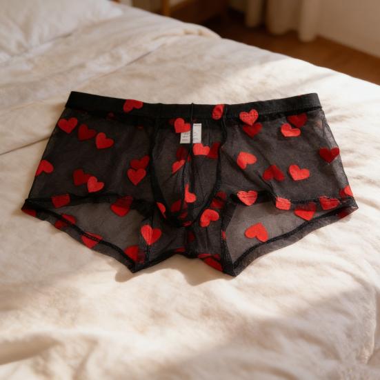 Men Boxer Underwear Elastic Mid-rise Perspective Hollow Mesh Design Boxer Briefs Heart Pattern Underwear Anniversary Gift