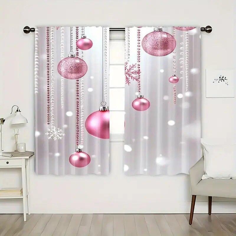 Christmas pink Christmas ball printed curtains   pole bag curtains   bedroom and living room   home decoration   room decoration