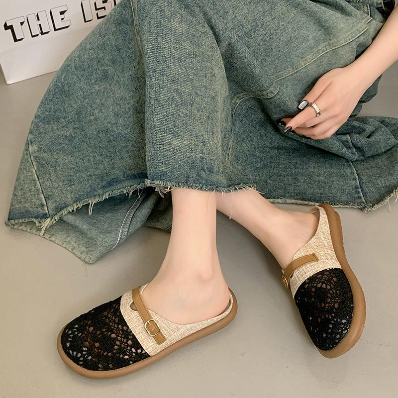 Fashion Breathable Weaving Hollow Out Women's Slippers Summer Flat Casual Mueller Shoes 2025 Women Linen Versatile Half Slides