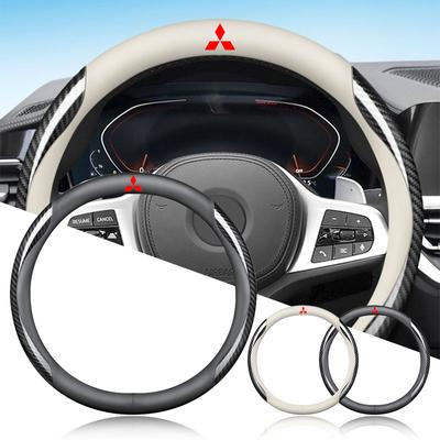 Knpc3 1Pcs Leather Carbon Fiber Car Steering Wheel Cover Car Accessories Emblem For ASX Lancer 10 Pajero Outlander L200