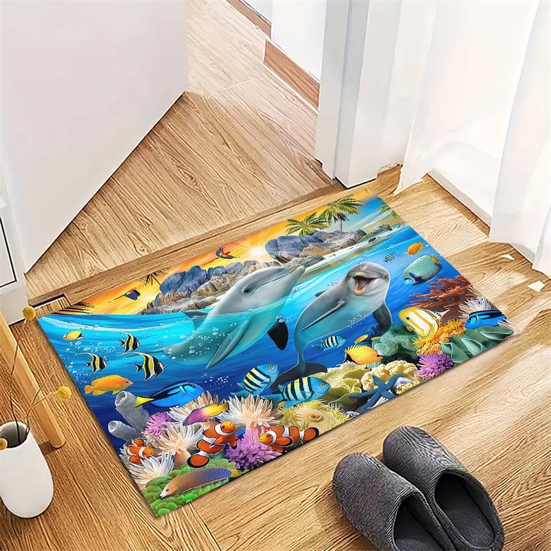 Tropical Fish Print Doormat, Non-Slip Entrance Floor Mat with Colorful Coral Reef & Fish Design, Indoor Rug for Ocean Lovers