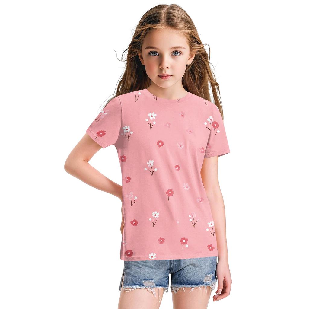 Top Casual Fashion Soltinho com Estampa Floral Fofa, Gola Redonda e Manga Curta para Crianças