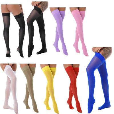 Meias altas femininas brilhantes, finas, brilhantes, cor sólida, elásticas, coxa alta