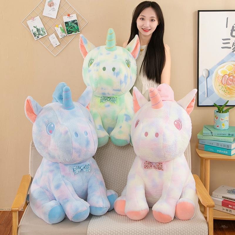 Colorful Unicorn Plush Toy Tie-dye Pony Doll Fantasy Color Sleeping with Pillow Children's Birthday Gift Rag Doll