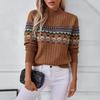 2025 Autumn/Winter Stand Collar Jacquard Long Sleeve Color Block Knit Pullover Sweater