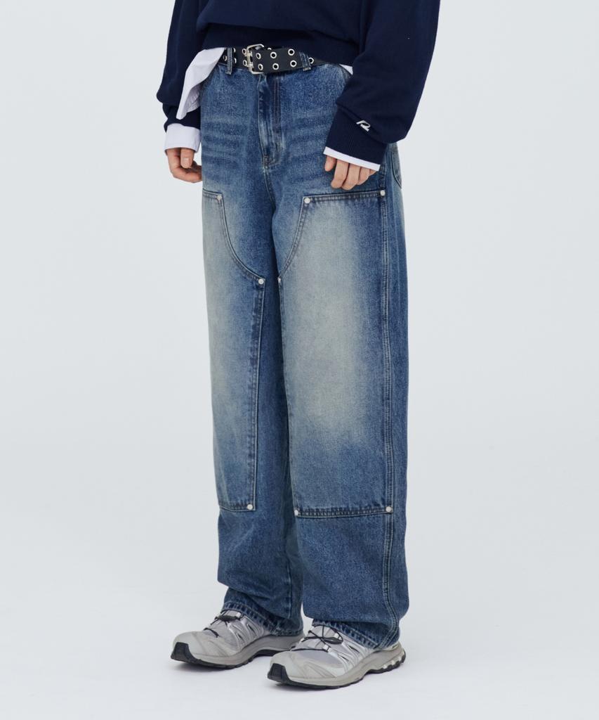 Modenaleudeo Double Knee Wide Denim Pants (Medium Blue)