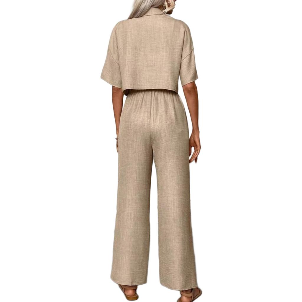 Damen Zweiteiler Lässig Locker Kurzarm Kragen Button-Down Oberteile und Elastischer Bund Kordelzug Weitbeinige Hosen